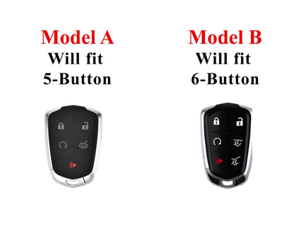 Leather and aluminum Cadillac key fob cover with keychain, customizable 5/6-button design by Mestiere Coriaceo, shown on a car key.