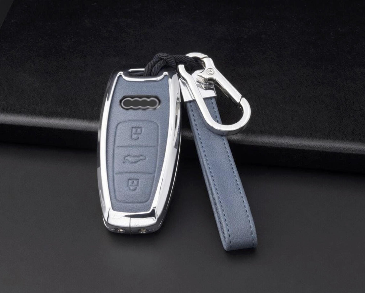 Leather and aluminum Audi key fob cover for A4-A8, Q5, Q8, RS, and E-Tron models by Kollen US.