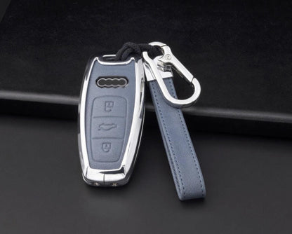 Leather and aluminum Audi key fob cover for A4-A8, Q5, Q8, RS, and E-Tron models by Kollen US.