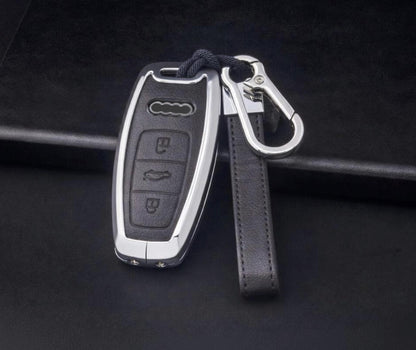 Leather and aluminum Audi key fob cover for A4 to E-Tron models, stylish keychain accessory by Kollen US.