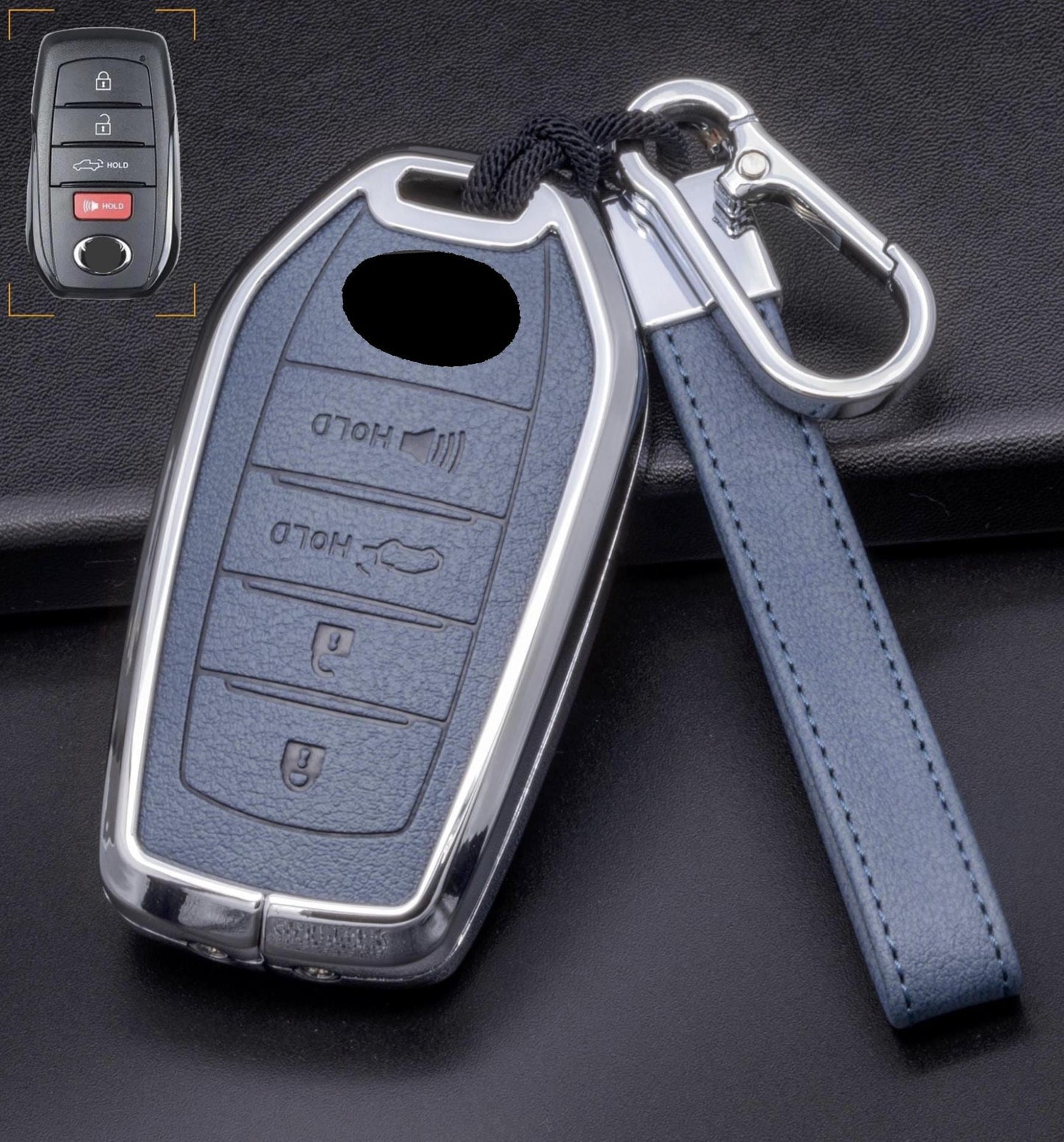 Mestiere Coriaceo leather key fob cover with aluminum shell and keychain for Toyota, featuring 4-button design.