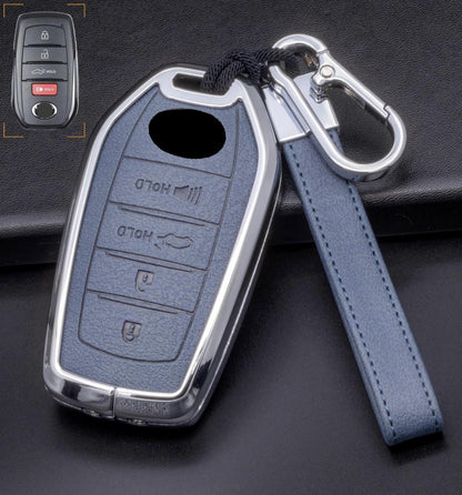 Mestiere Coriaceo leather key fob cover with aluminum shell and keychain for Toyota, featuring 4-button design.