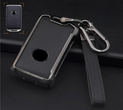 Kollen US Mazda key fob cover set with leather and aluminum, including a keychain, displayed on a white background.