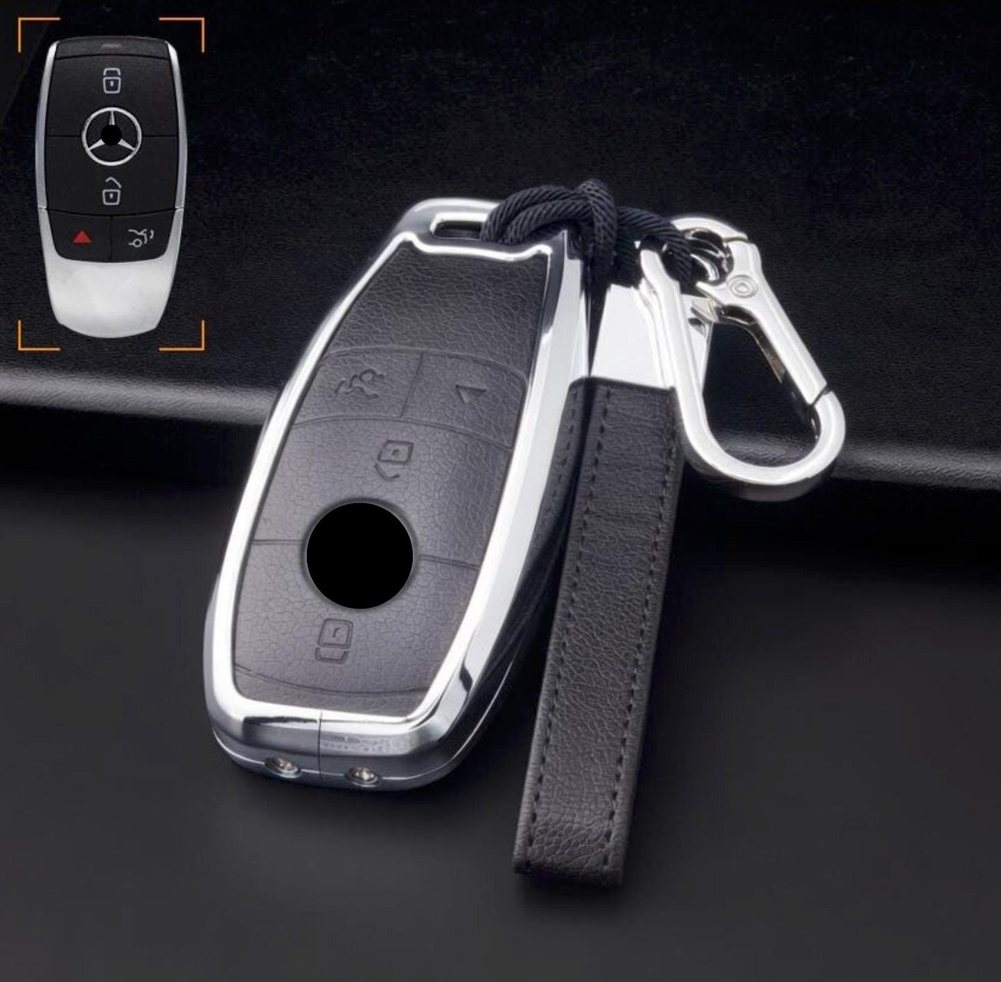 Customizable leather and aluminum Mercedes-Benz key fob cover set with keychain by Mestiere Coriaceo, featuring sleek design and durable materials.