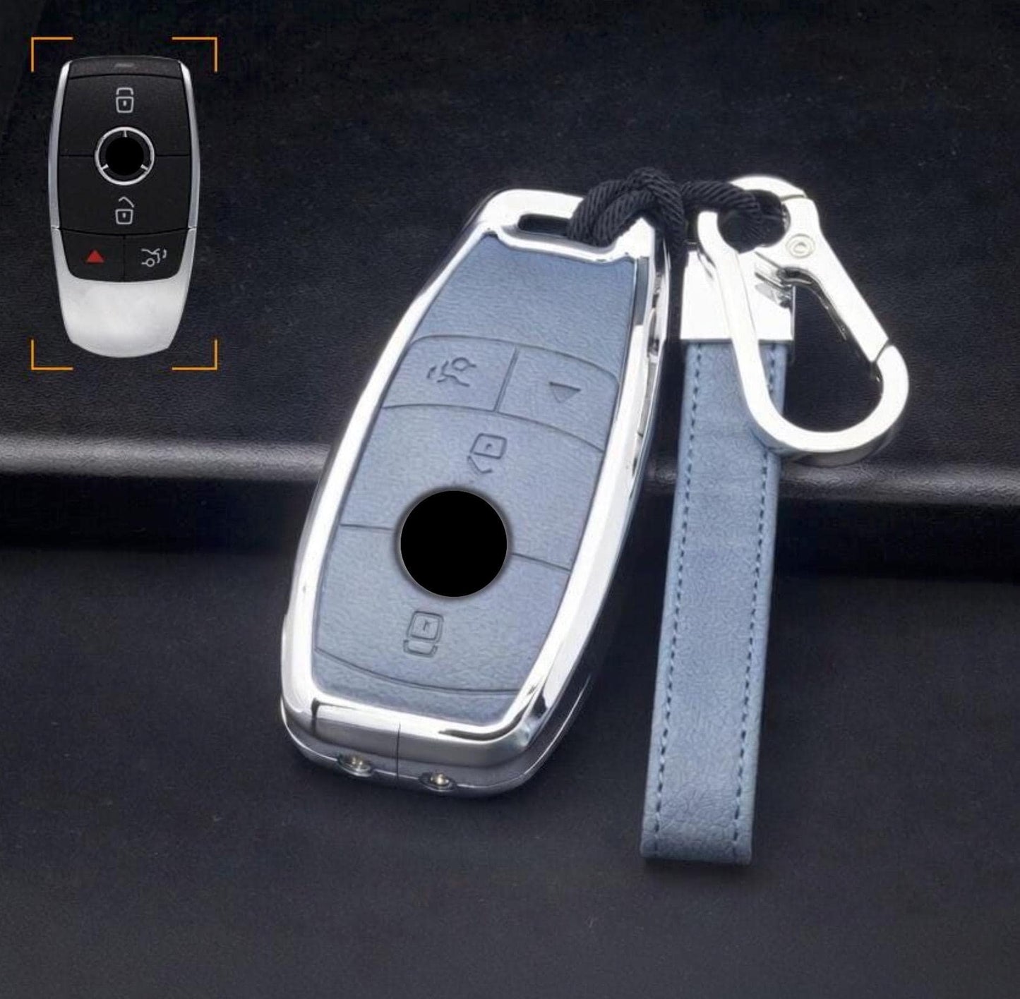 Customizable leather and aluminum Mercedes-Benz key fob cover set with keychain by Mestiere Coriaceo, featuring sleek design.