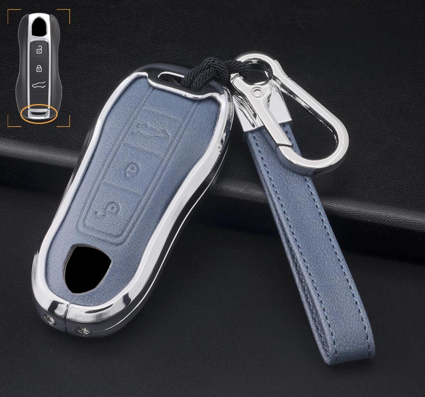 Leather and aluminum Porsche key fob cover with 3-button design, featuring sleek Kollen US branding.