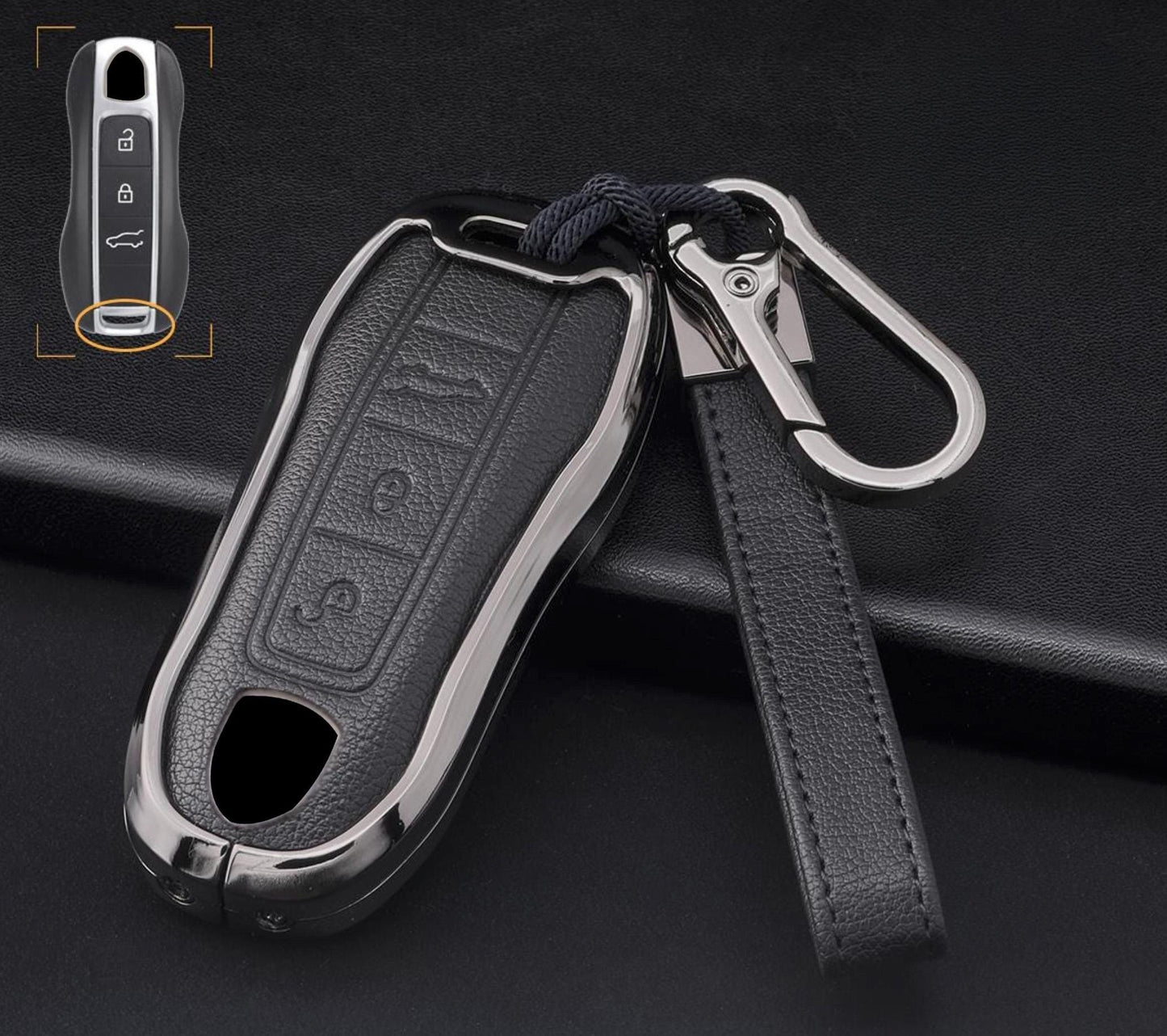 Leather and aluminum Porsche key fob cover with 3-button design, featuring a sleek, durable Kollen US keychain accessory.