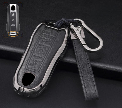 Leather and aluminum Porsche key fob cover with 3-button design, featuring a sleek, durable Kollen US keychain accessory.
