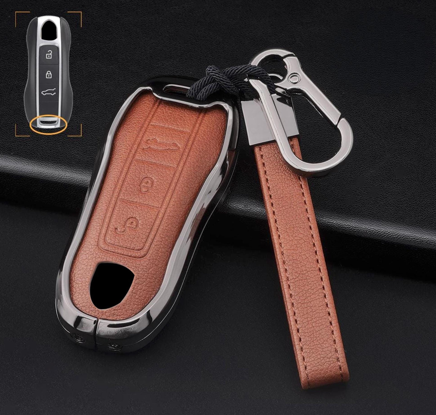 Leather and aluminum Porsche key fob cover with 3-button design, stylish Kollen US keychain accessory.