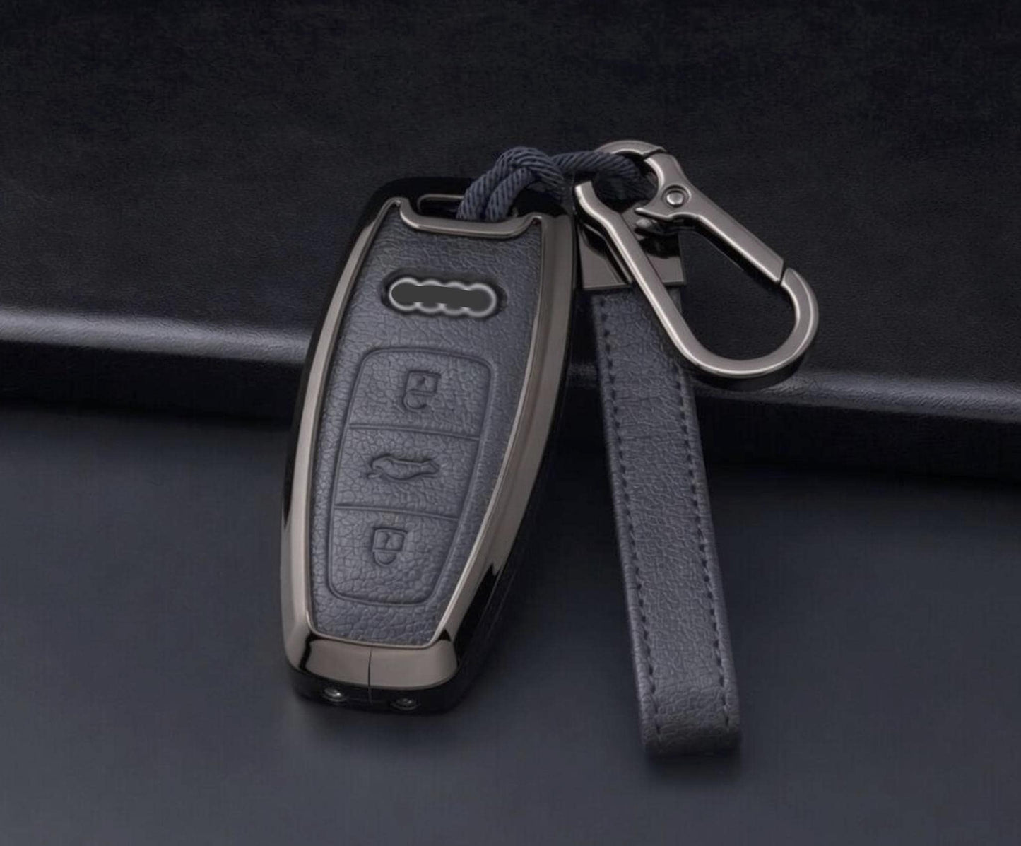 Leather and aluminum Audi key fob cover for A4-A8, Q5, Q8, RS, and E-Tron models by Kollen US.