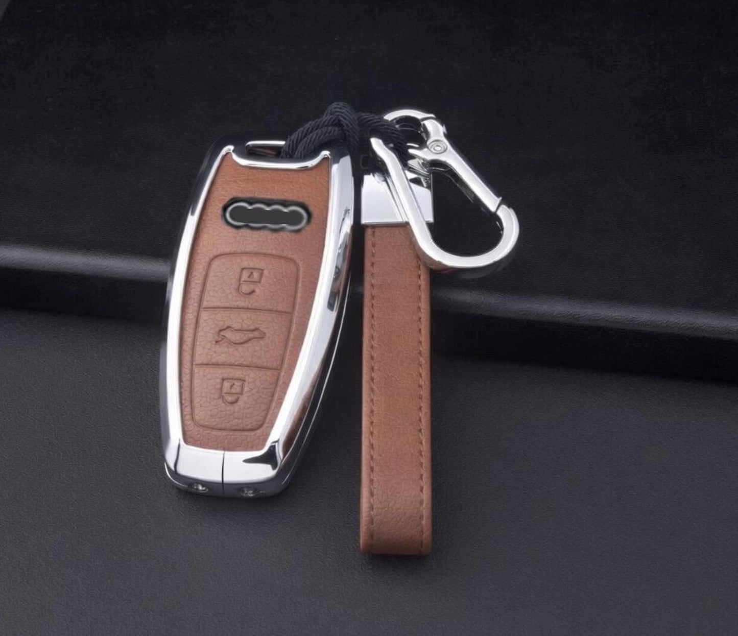 Leather and aluminum Audi key fob cover for A4-A8, Q5, Q8, RS, E-Tron keys, designed by Kollen US.