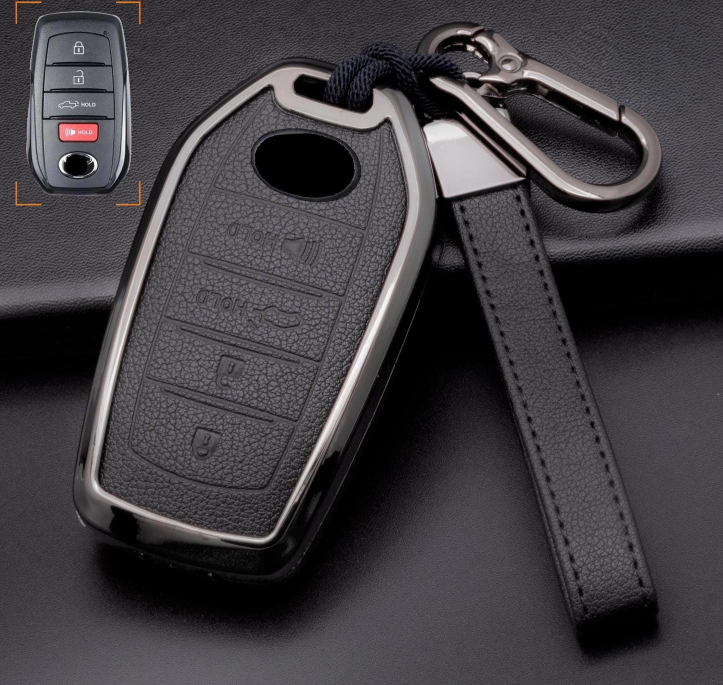 Toyota leather key fob cover with customizable design, aluminum shell, and keychain for 4-button key fobs by Mestiere Coriaceo