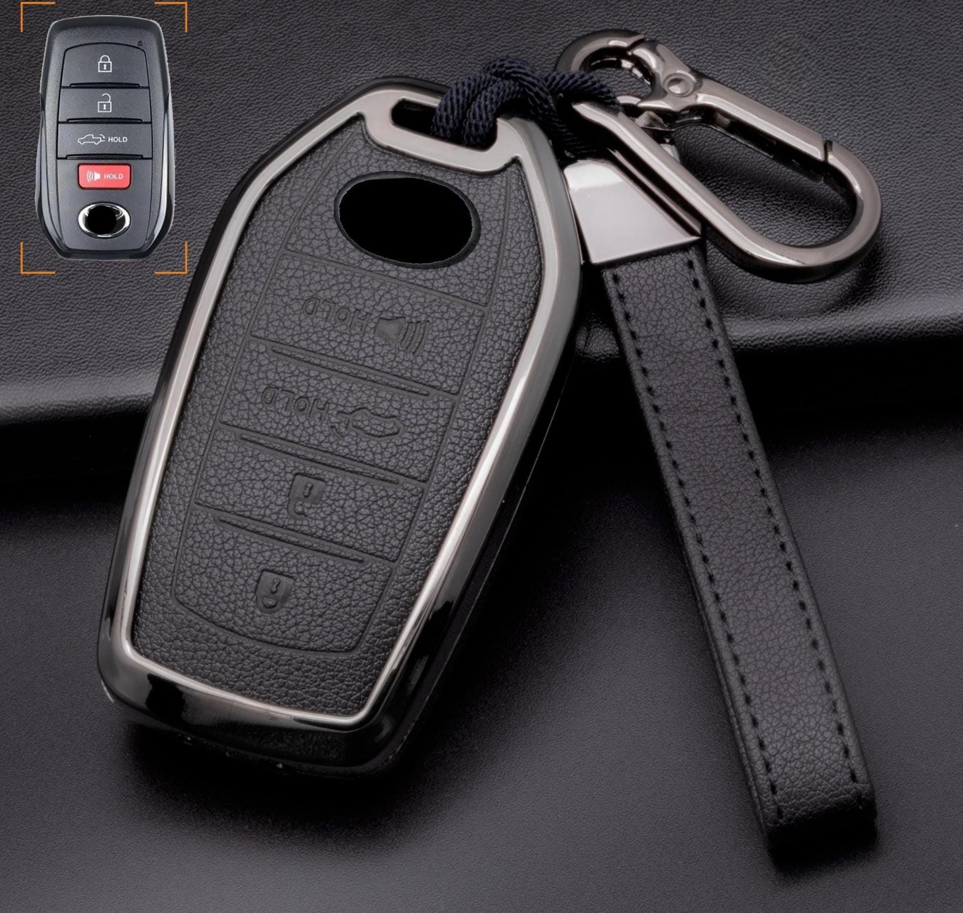 Toyota leather key fob cover with customizable design, aluminum shell, and keychain for 4-button key fobs by Mestiere Coriaceo