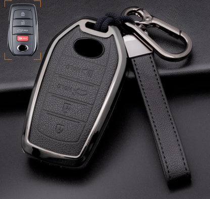Toyota leather key fob cover with customizable design, aluminum shell, and keychain for 4-button key fobs by Mestiere Coriaceo
