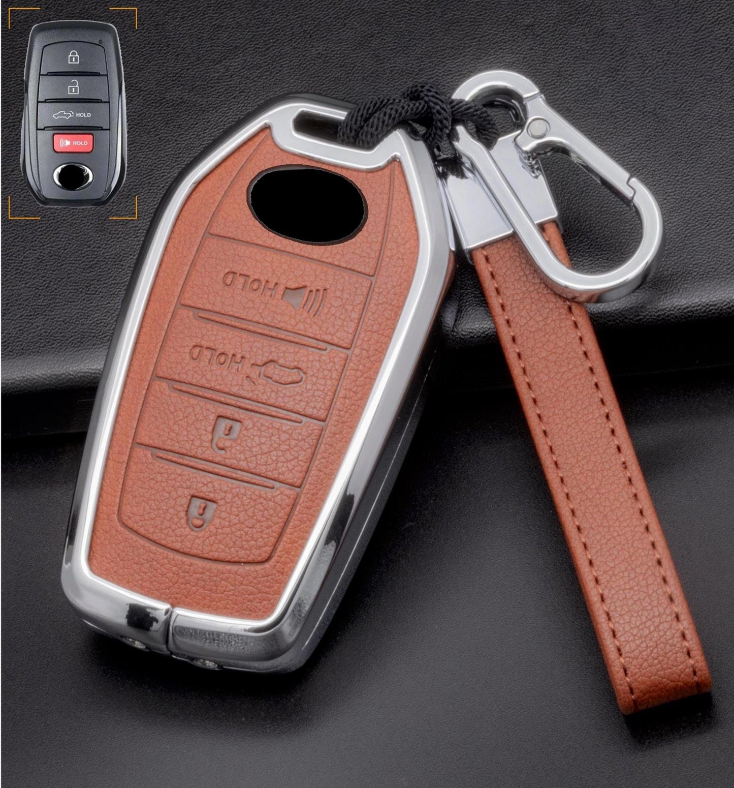 Leather key fob cover with aluminum shell and keychain for Toyota, customizable 4-button design by Mestiere Coriaceo.