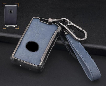 Mazda key fob cover set with leather and aluminum, includes keychain, stylish accessory by Kollen US displayed on white background