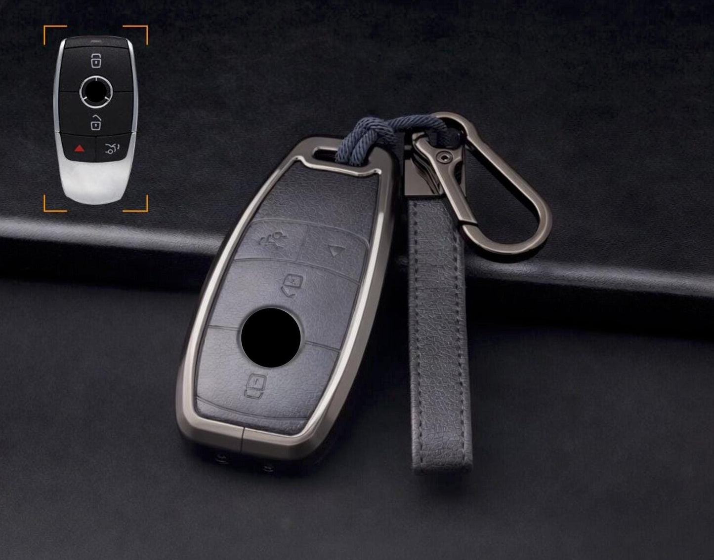 Mestiere Coriaceo customizable leather and aluminum Mercedes-Benz AMG key fob cover set with keychain, detailed close-up image