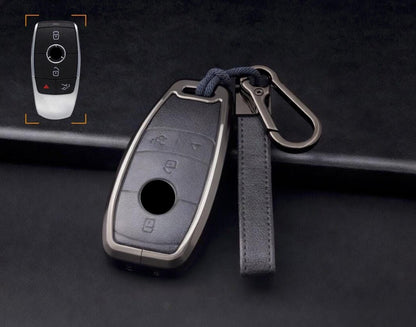 Mestiere Coriaceo customizable leather and aluminum Mercedes-Benz AMG key fob cover set with keychain, detailed close-up image