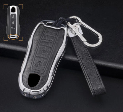 Leather and aluminum Porsche key fob cover with 3-button design, stylish and protective for Porsche car keys.