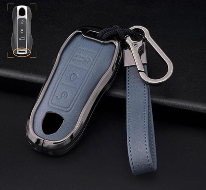 Leather and aluminum Porsche key fob cover with 3 buttons, stylish keychain accessory by Kollen US.