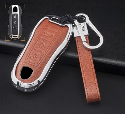Kollen US leather and aluminum Porsche key fob cover with 3-button design, showcasing sleek, durable keychain protection.