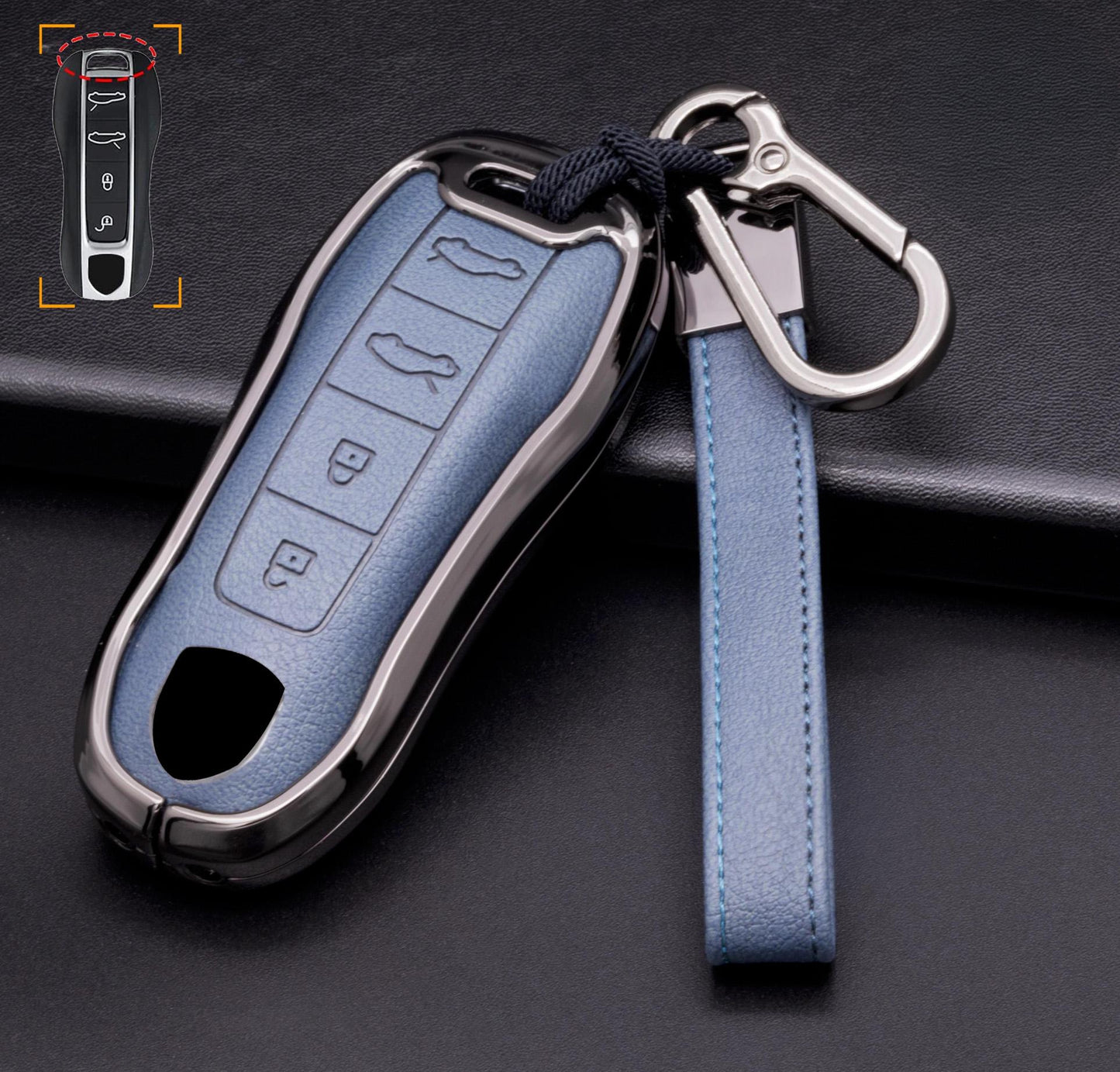 Customizable leather and aluminum Porsche key fob cover with 4-button keychain by Mestiere Coriaceo, featuring a sleek design.