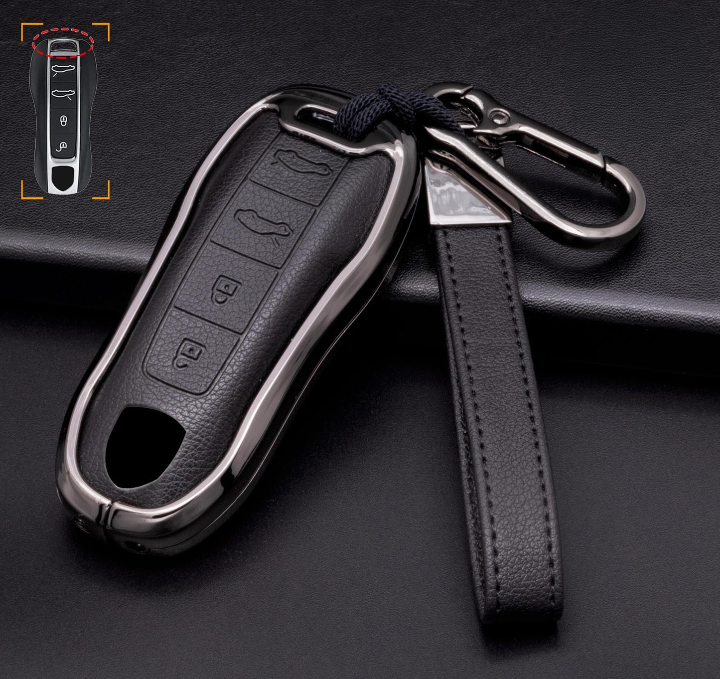 Mestiere Coriaceo customizable leather and aluminum Porsche key fob cover with 4-button keychain, stylish and protective design.