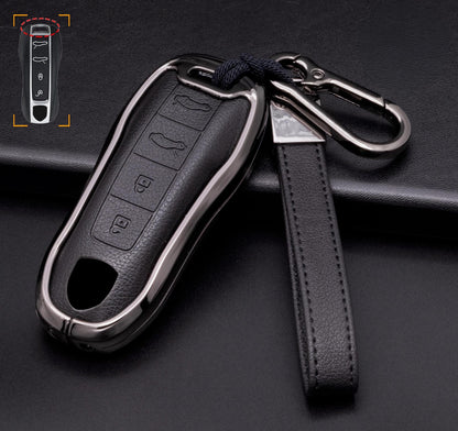 Mestiere Coriaceo customizable leather and aluminum Porsche key fob cover with 4-button keychain, stylish and protective design.