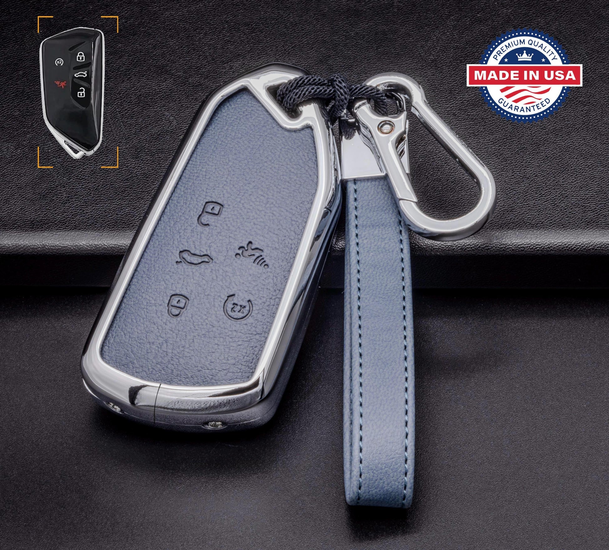 Leather and aluminum Volkswagen key fob cover with 4-button layout for Golf, Jetta, Atlas, ID.Buzz by Kollen US.