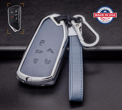 Leather and aluminum Volkswagen key fob cover with 4-button layout for Golf, Jetta, Atlas, ID.Buzz by Kollen US.