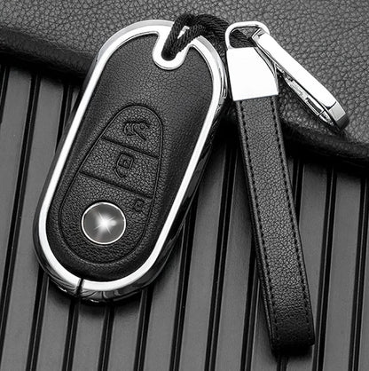 Black leather and chrome Mercedes-Benz key fob cover with aluminum shell and engraved keychain, customizable by Kollen US.