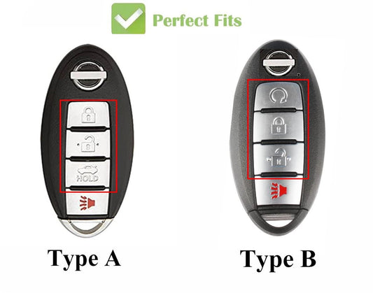 Customizable black leather and gunmetal aluminum Nissan 4-button key fob cover with keychain by Mestiere Coriaceo.