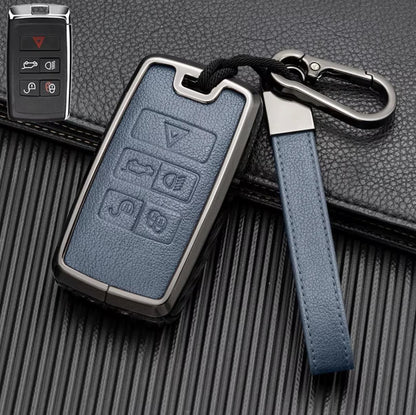 Land Rover and Jaguar leather and aluminum key fob cover set with keychain, customizable black leather and engraved aluminum, by Kollen US.