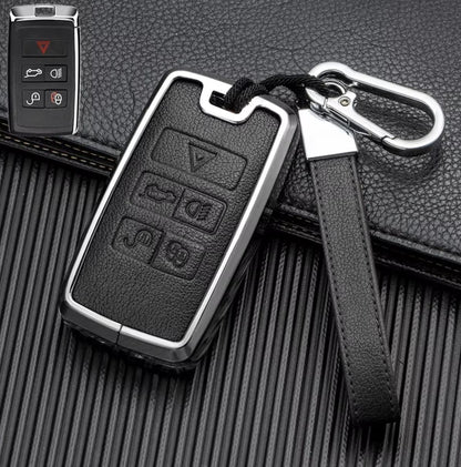 Leather and aluminum key fob cover set for Land Rover and Jaguar, with keychain and customizable engraving by Kollen US.